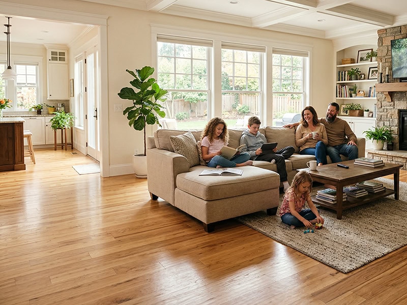 A family of five relaxes in a bright living room; parents and kids read on the couch, one child plays on the rug.
