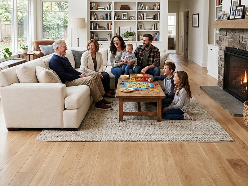 Three generations of a family sit in a cozy living room, smiling and playing a board game together.