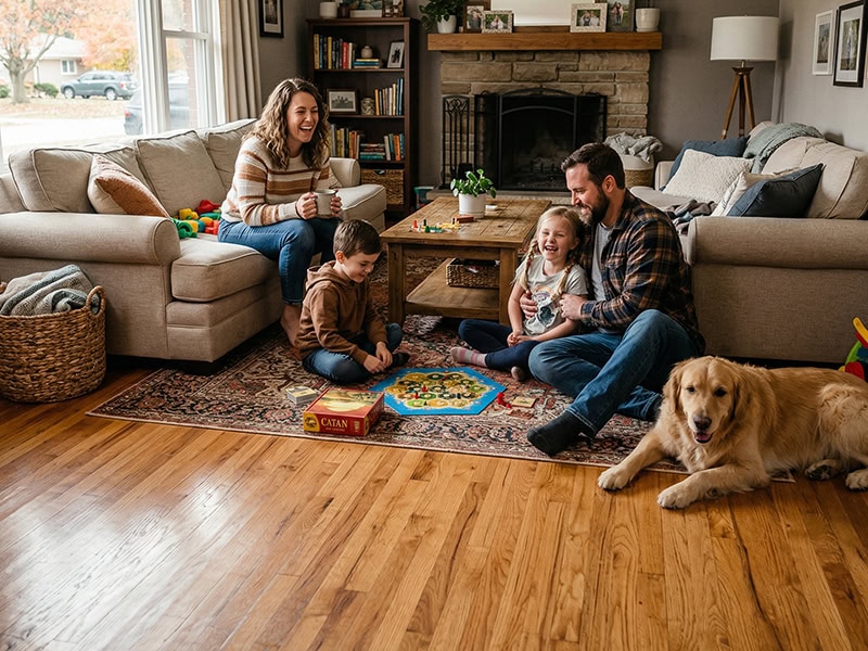 A family of four and a dog play a board game together in a cozy living room with wooden floors.