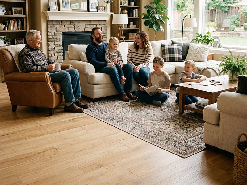 A family of six sits and talks together in a cozy, sunlit living room with wood floors and a rug.