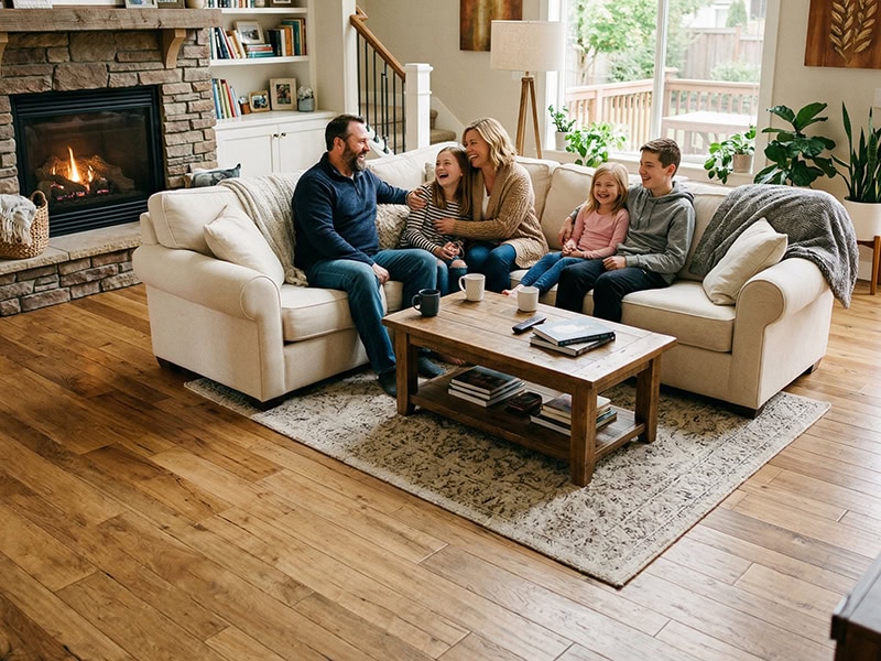 A family of five sits smiling on a couch in a cozy living room with a fireplace and wooden floors.