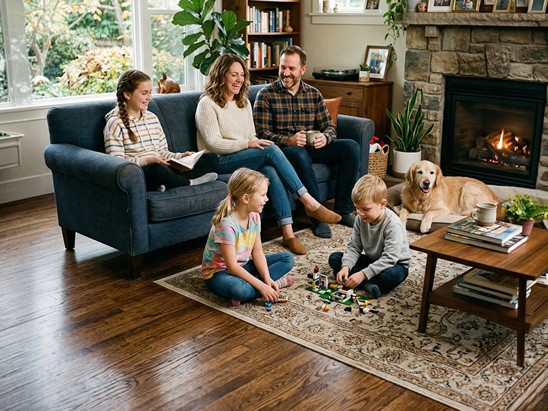 A family with three kids and a dog relaxes in a cozy living room; two kids play on the rug.
