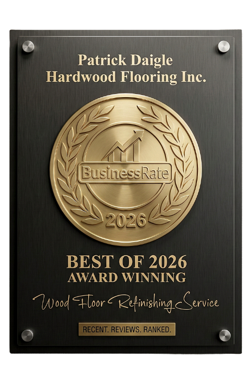 Plaque reading "Best of 2026 Award Winning Wood Floor Refinishing Service" with a gold medallion.