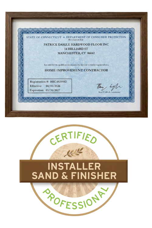 A framed contractor certificate and a round "Certified Installer Sand & Finisher Professional" badge.