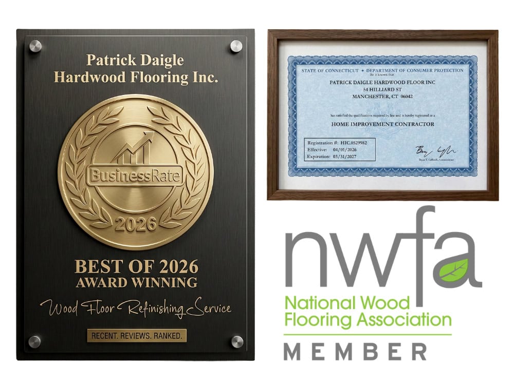 Award plaque, state certificate, and NWFA member logo for Patrick Daigle Hardwood Flooring Inc. displayed together.