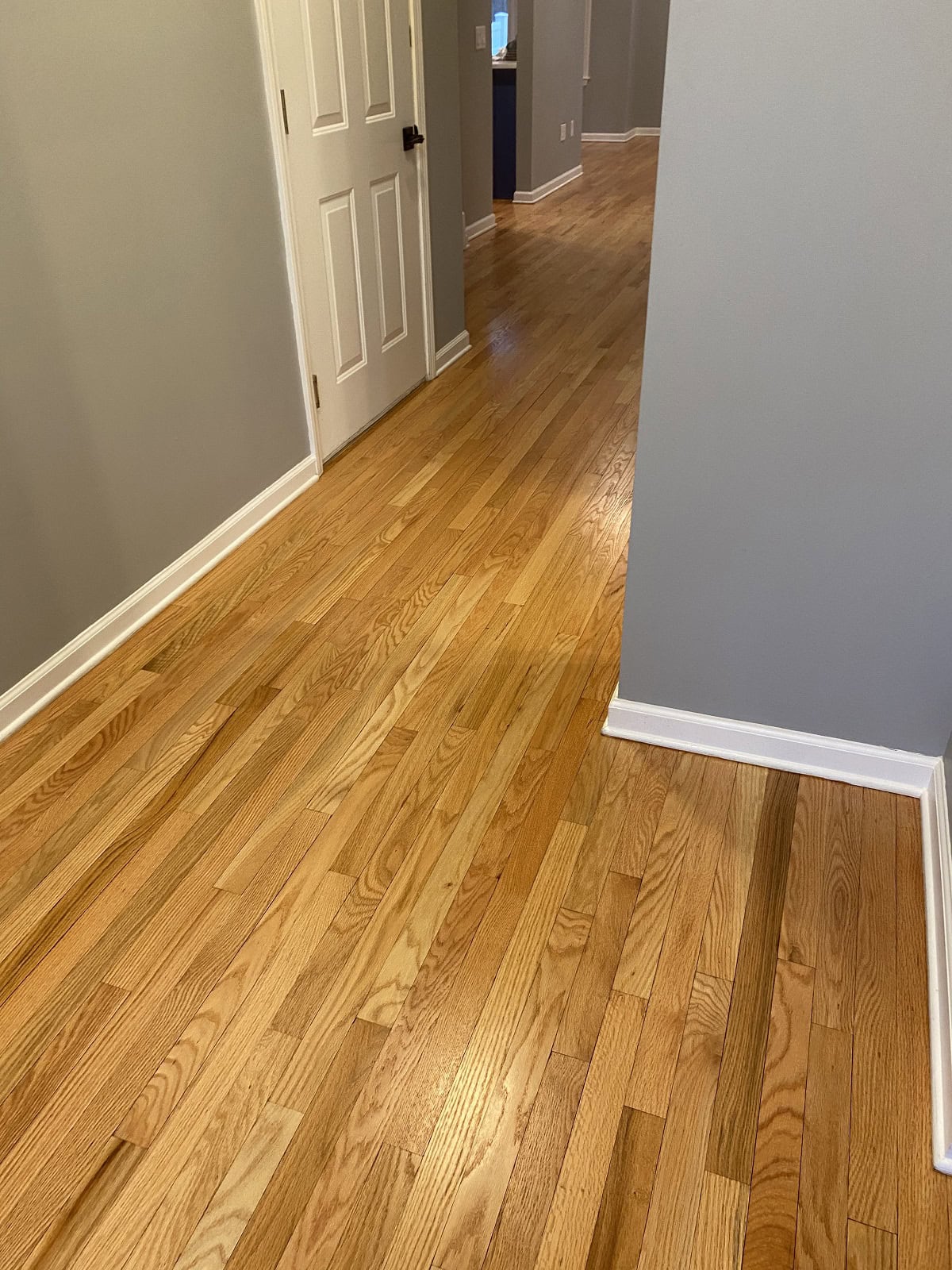Hartford home hallway with natural oak hardwood flooring, clean white trim, and smooth gray walls