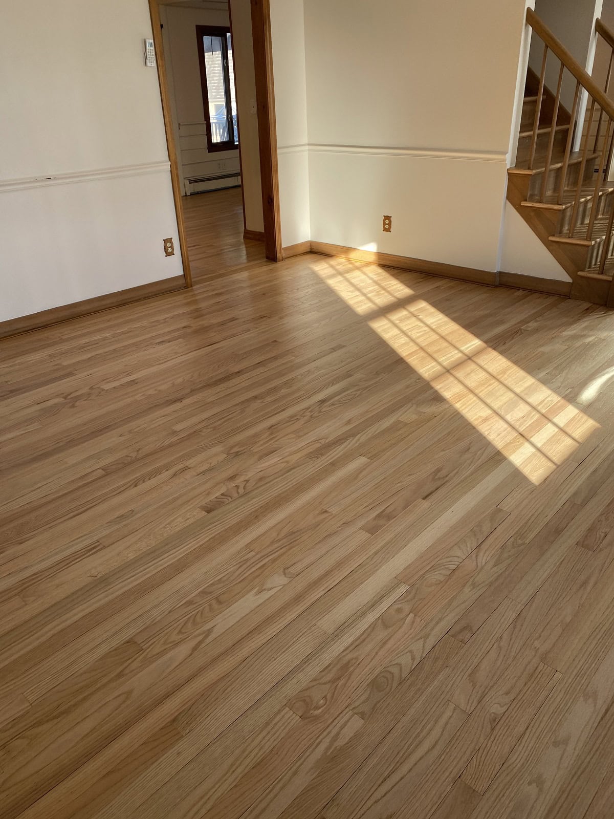 Sunlit natural oak hardwood flooring in a residential living space in Bolton with smooth finish and clean wood grain detail