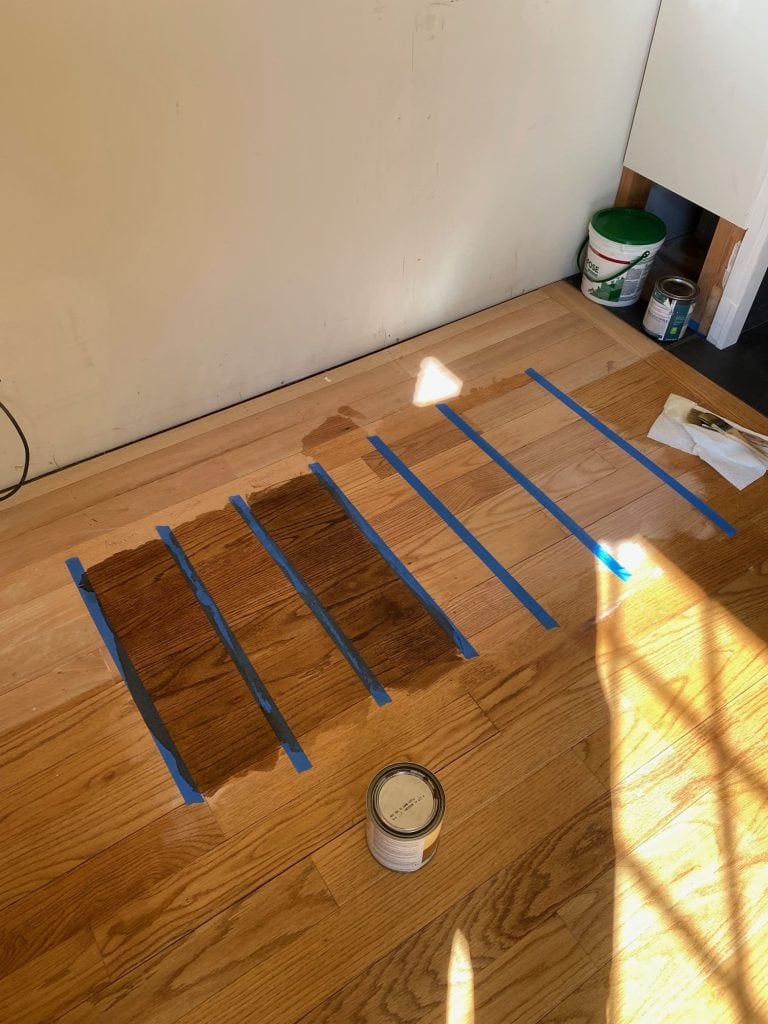 stain-color-samples-applied-to-sanded-floor