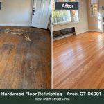 Before and after hardwood floor refinishing showing heavily stained floors restored to a natural finish in the West Main Street area of Avon CT 06001