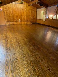 Refinished yellow pine floor with custom DuraSeal stain and Bona Traffic HD at Roaring Brook Nature Center in Canton CT 06019