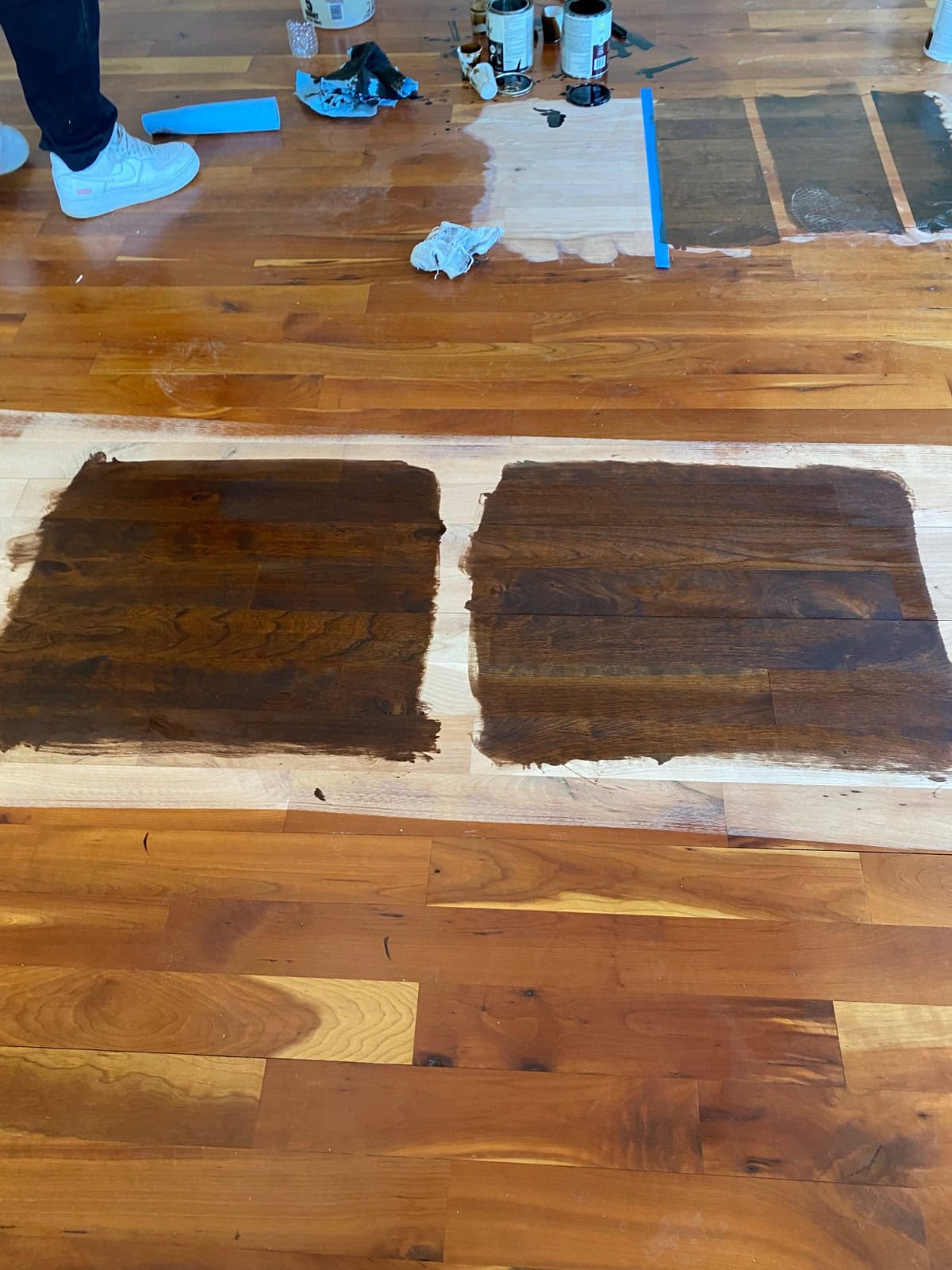 Custom stain samples applied directly to a hardwood floor during a Tolland CT 06084 hardwood floor refinishing project