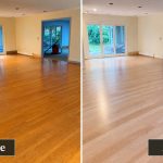 Before and after hardwood floor refinishing showing yellowed hardwood changed to a lighter natural appearance in West Hartford Connecticut